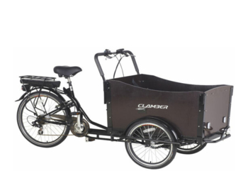 Elektrisches Dreirad mit großer Cargobox.