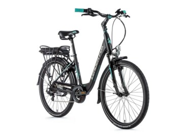 Günstiges Damen-City-E-Bike mit großer Akkukapazität, Aluminiumrahmen, elegantem Design, Federgabel, V-Brakes und 26" Laufrädern.