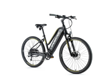 Damen Cross-E-Bike mit Aluminiumrahmen, sportlichem Design und Bafang Heckmotor. Ein vollintegrierter Akku mit einer Kapazität von 540 Wh.